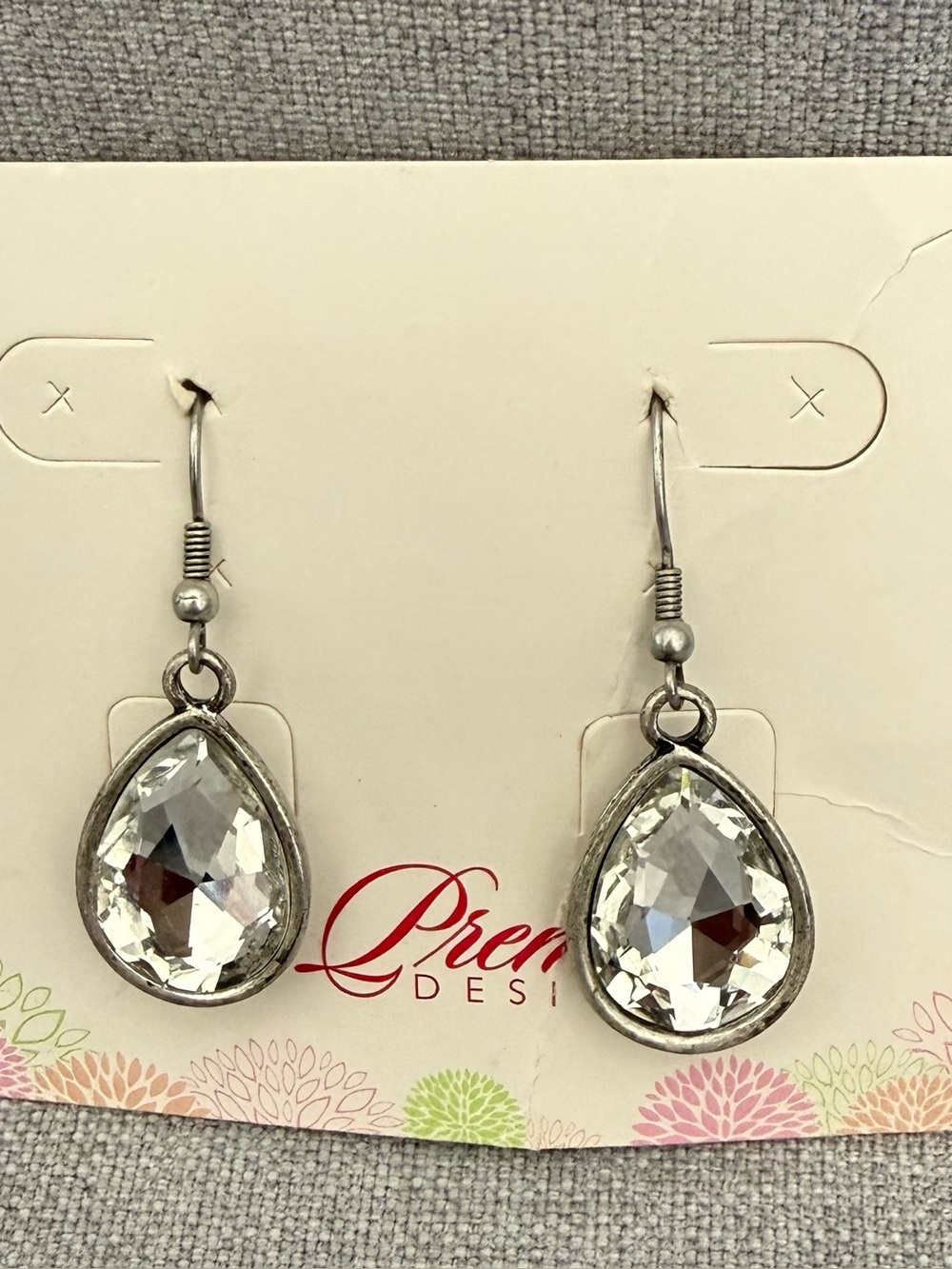 Premier Designs Clear Crystal Teardrop Dangle Earrings Silver Tone